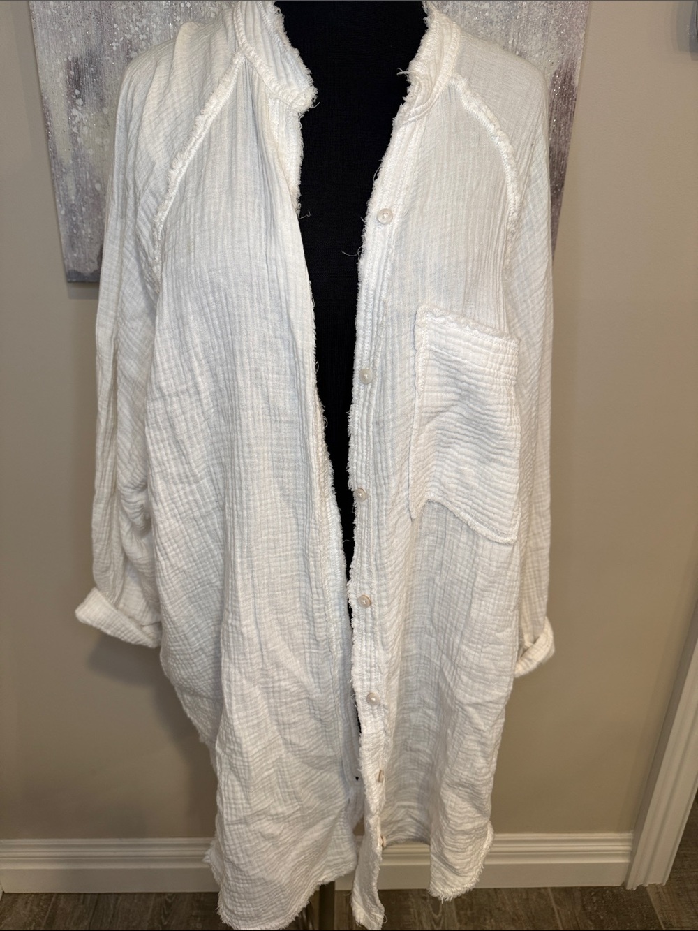 AERIE White Textured Button-Up Shirt OVERSIZED size Medium’s